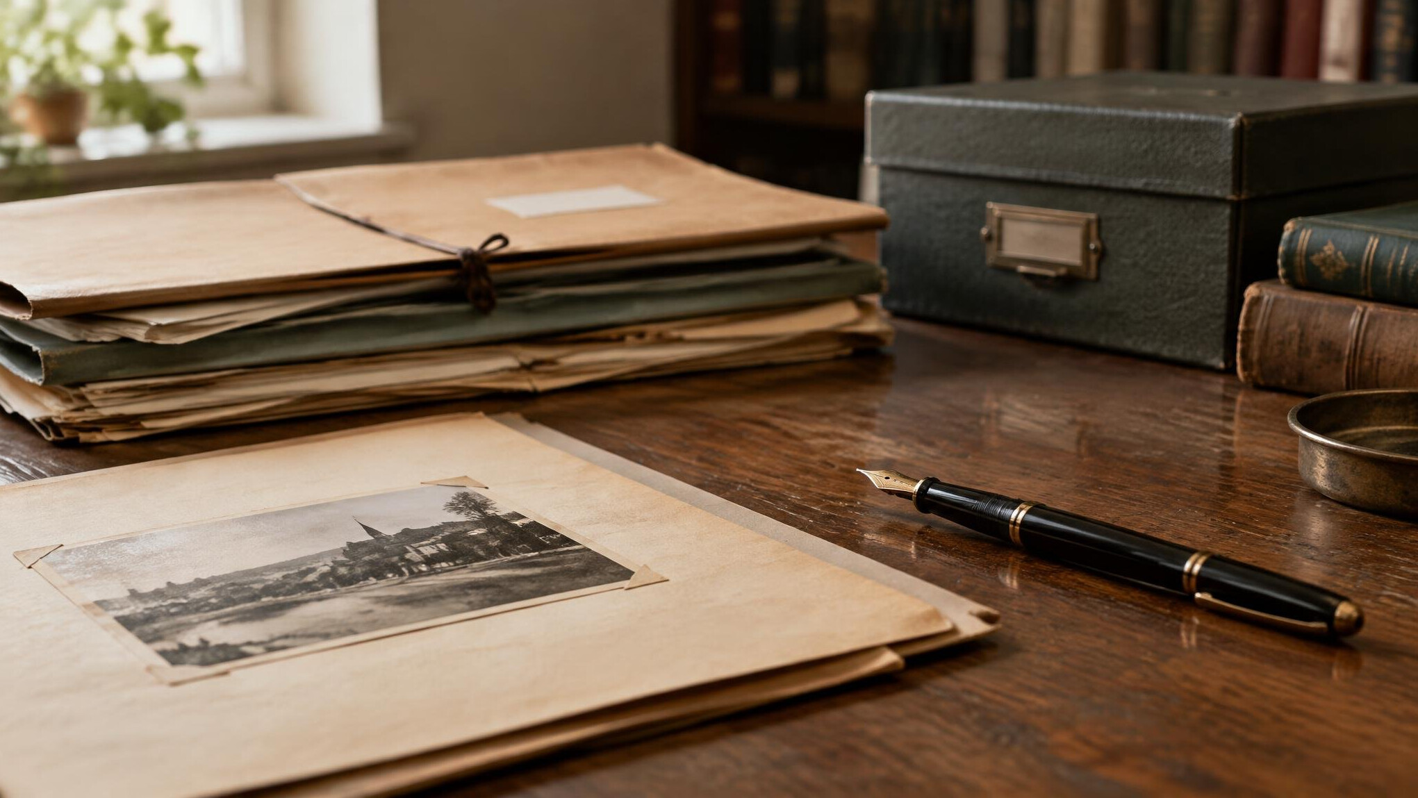 Researcher examining archival documents at a wooden desk