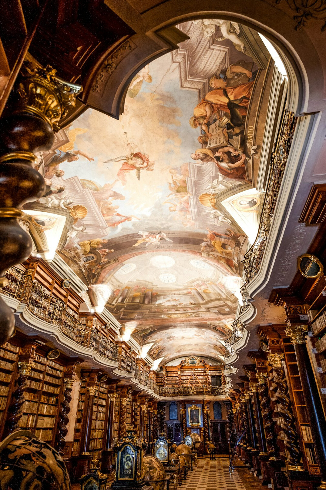 Historic library with tall wooden bookshelves