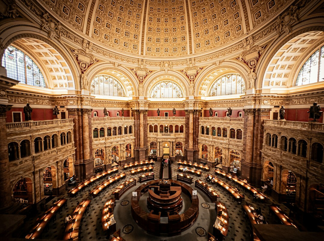 Grand library interior with reading tables